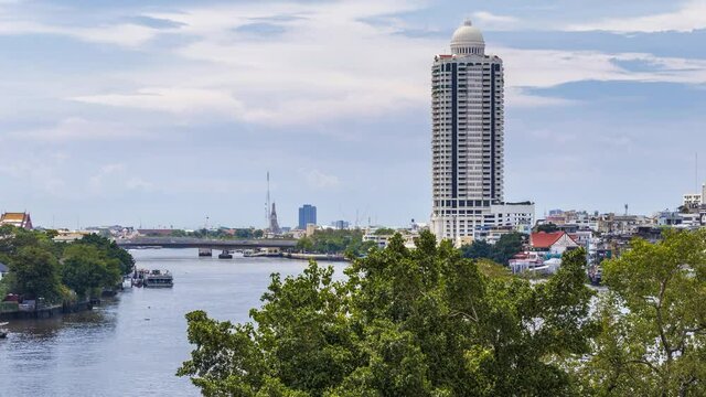 Footage 4k Timelapse A long-tail speed boat tour and boat traffic on the Chao Phraya River with a beautiful view of China Town and movement in the morning in Bangkok, Thailand.