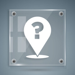 White Question mark icon isolated on grey background. FAQ sign. Copy files, chat speech bubble and chart. Square glass panels. Vector.
