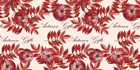 Watercolor hand drawn seamless horizontal pattern with red rosehip leaves and apples. Autumn foliage decor. Harvest concept.