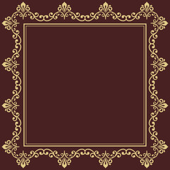 Classic square frame with golden arabesques and orient elements. Abstract ornament with place for text. Vintage pattern