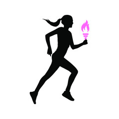 Fototapeta na wymiar Female runner with sport flame. Vector silhouette illustration on white background