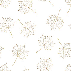 Seamless pattern with golden maple leaves. Line art leaves. Vector illustration