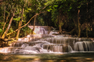Huai Mae Khamin Waterfall , Landscape tropical rainforest at Srinakarin Dam, Kanchanaburi, Thailand.Huai Mae Khamin Waterfall is the most beautiful waterfall in Thailand. Unseen Thailand