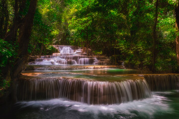 Fototapeta na wymiar Huai Mae Khamin Waterfall , Landscape tropical rainforest at Srinakarin Dam, Kanchanaburi, Thailand.Huai Mae Khamin Waterfall is the most beautiful waterfall in Thailand. Unseen Thailand