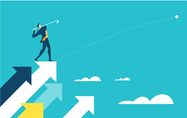 Successful businessman stands high up on arrow and playing golf as symbol of achievement and success. Business concept illustration 