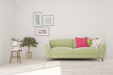 White living room with sofa. Scandinavian interior design. 3D illustration