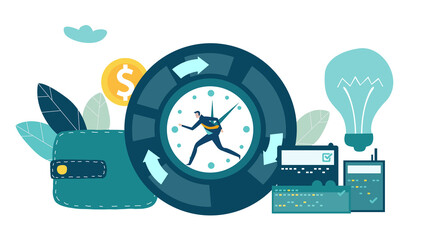 Businessman running inside of clock. Busy modern life, stressed and overloaded life concept