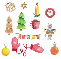 Watercolor Christmas set of illustrations. Kitten, watch, mittens, Cup of coffee, balls, spruce, flags, cookies, fir.