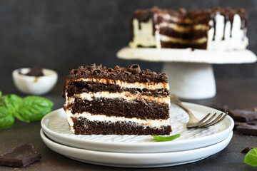 Slice of chocolate cake. Chocolate truffle cake with cream cheese on a dark background.