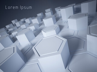 3D-image, 3D-rendering, background. 3D white, gray hexagons illustration high-tech.  Wallpaper, website, postcard, corporate identity, packaging.