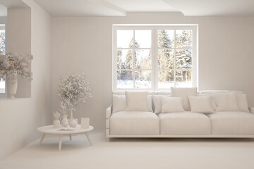 White living room with sofa and winter landscape in window. Scandinavian interior design. 3D illustration