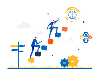 Business people walking up with the speech bubbles, as symbol of taking other people opinions and work together. 