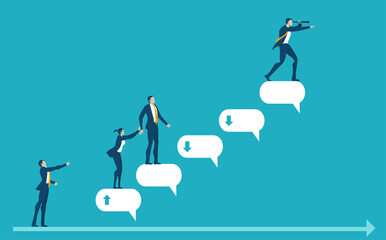 Business people walking up with the speech bubbles, as symbol of taking other people opinions and work together. 