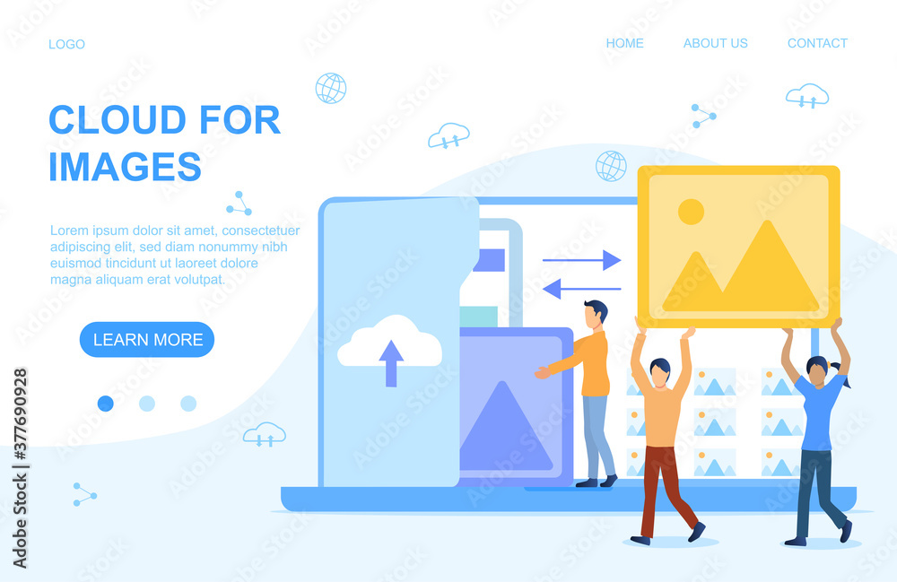 Poster concept of saving images to the cloud with workers carrying a photo to be shared over multiple digit