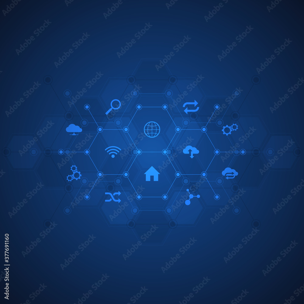 Poster technology background with flat icons and symbols. concept and idea for internet of things, communic