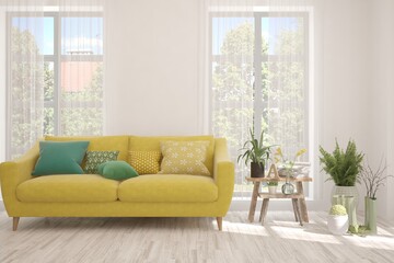 White living room with sofa. Scandinavian interior design. 3D illustration