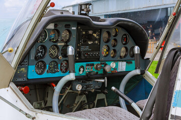 Small aircraft control panel, detail of the cabin. Small plane cockpit.
