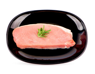 sliced raw pork meat with rosemary isolated on white background