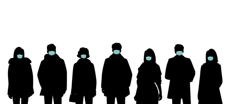 Set Of Silhouettes Of Men And Women In Medical Masks, Protection From Covid 19, In Spring, Autumn And Winter Outerwear, Standing In Different Poses, Business People, Vector Illustration, Black Color