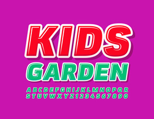 Vector education sign Kids Garden. Green bright Font. Modern Alphabet Letters and Number set
