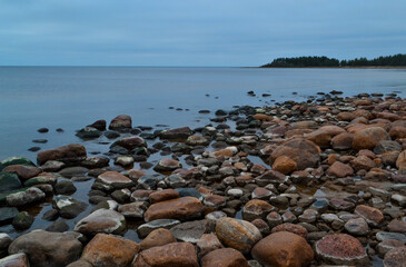 Fototapeta na wymiar sandy stones shore of blue bay of Ladoga Lake in autumn, with trees on the horizon