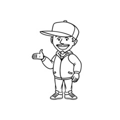 monochrome outline comic avatar character with cap and raised hand.