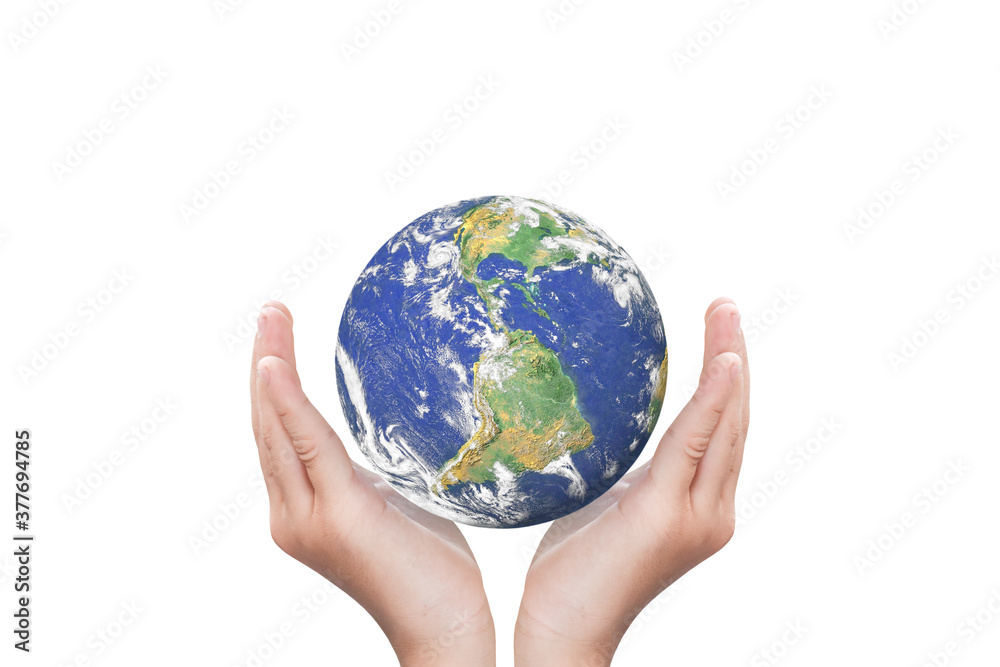 Wall mural globe, earth in child hand isolated on white background with clipping path. elements of this image f