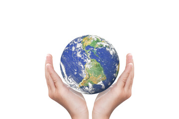 Globe, earth in child hand isolated on white background with clipping path. Elements of this image furnished by NASA.
