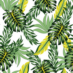 Abstract seamless tropical pattern with bright plants and leaves on a soft white background. Beautiful exotic plants. Vector design. Jungle print. Floral background. 