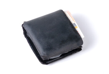 Isolated of old black leather wallet with money banknotes on white background. Clipping path.