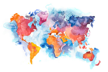 Fototapeta Map of the world with oceans and seas. Watercolor hand drawn obraz