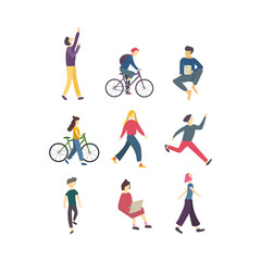 Plakat Outdoor activity character set doodle drawing. Sports people bundle. For postcard, poster and packaging design. Hand drawn flat vector illustration in cartoon style isolated on white background