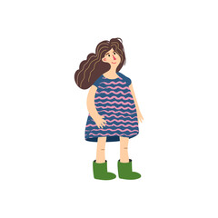 Young rustic character doodle drawing. Funny toddler girl in dress and rubber boots. Country people. Hand drawn flat vector illustration in cartoon style isolated on white background