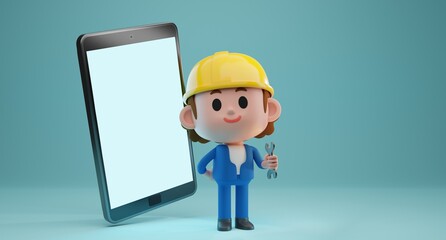 3D render concept illustration of cute worker character with hard hat holding a wrench and a glowing screen smartphone 