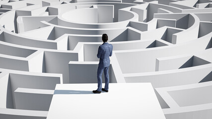 3D Rendering. 3D Businessman Standing in front of the maze. Success soncept.