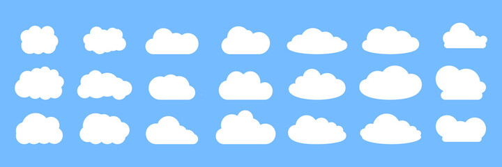 Set of clouds in blue sky. Cloud icon shape. Collection of different clouds, label, symbol. Graphic vector design element for logo, web and print.