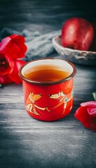 Red enameled cup of tea, apple and flowers tulips on a gray wooden table, 16 on 9 format. Copy space