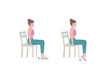 Fototapeta premium Exercises that can be done at-home using a sturdy chair. Keep both legs at a 90-degree angle. Extend the heels of pushing the toes on the ground and lifting the heels of pushing. 
