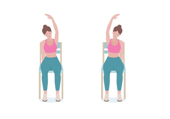 Exercises that can be done at-home using a sturdy chair.
With the right hand, grip the right side of the seat. Extend the left hand above the head making of a “C” with Seated Side Stretch posture. 