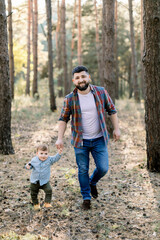 Full length outdoor portrait of handsome bearded young man father, walking in pine autumn forest together with his little adorable child son