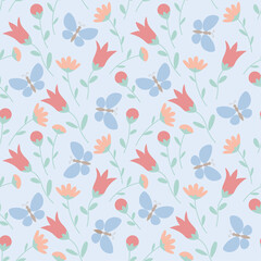 Seamless pattern with wildflowers and butterflies in pastel colors. Summer floral background. Vector EPS 10