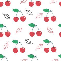 Cherry seamless pattern on a white background. Fashion trend background. Vector berries with green leaves. decorative style. design for fabric, interior, decor, printing.