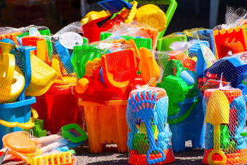 Beach sets complete of bucket on the beach of Metaponto Mare, Jonic Coast of Basilicata, Policoro, , Siri, Matera Province, Italy