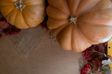 Pumpkin with viburnum. Autumn composition on a wooden background. Healthy.