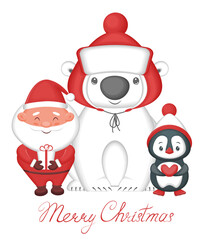 Merry Christmas poster. Cute cartoon characters on white background. Santa Claus, polar bear and penguin. Vector illustration.