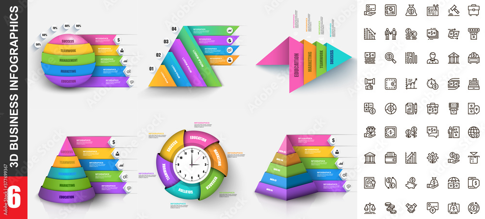 Leinwandbilder bundle 3d infographics vector design template with set business icons pixel perfect. can be used for