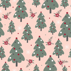 christmas pattern with green trees and snowflakes on pink background