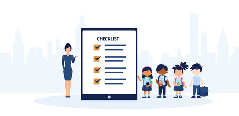 Vector of a teacher and a group of students standing by a checklist