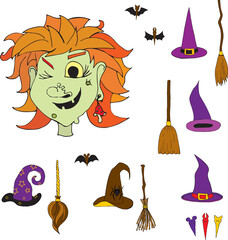 Halloween colorful set. Witch mask, hats and brooms. Halloween party accessories pack. Decorations in the form of bats and spiders for different looks.