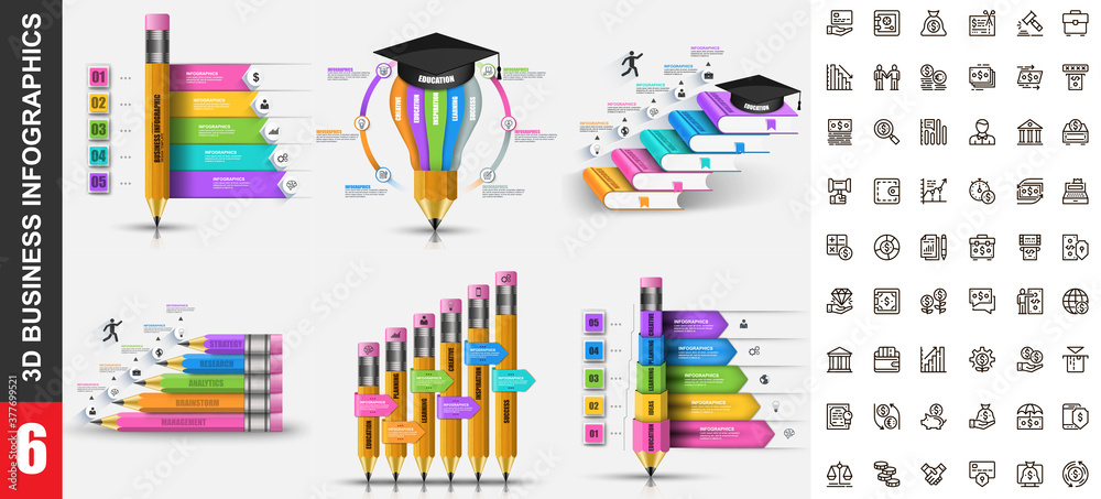 Poster Bundle 3d infographics vector design template with set business icons pixel perfect. Can be used for steps, education processes, workflow, diagram, flowchart concept, education icons, info graphics.
